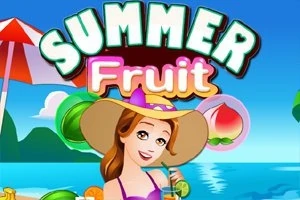 Kobieta w kapeluszu nad brzegiem morza, otoczona owocami i napisem Summer Fruit