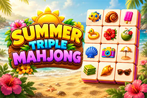 Kolorowy tropikalny baner z napisem „Summer Tile Mahjong, kwiatami hibiskusa i kafelkami z letnimi symbolami