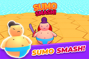 Dwie kreskówkowe postacie sumo, jedna z mieczem, na arenie w stylu geometrycznym z napisem Sumo Smash!