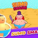 Dwie kreskówkowe postacie sumo, jedna z mieczem, na arenie w stylu geometrycznym z napisem Sumo Smash!