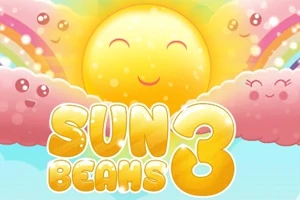 Uśmiechnięte słońce otoczone różowymi chmurami i tęczami na kolorowym tle z napisem Sun Beams 3