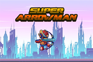 Robot z łukiem na tle futurystycznego miasta z napisem Super Arrowman u góry