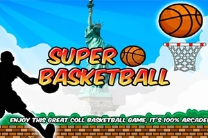 Silhouette koszykarza rzucającego piłkę do kosza na tle Statuy Wolności i chmur, z kolorowym napisem Super Basketball