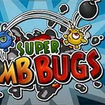 Dwukolorowy napis Super Bomb Bugs na niebieskim tle z kreskówkowymi postaciami owadów rzucających bomby