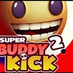 Żółta, uśmiechnięta postać z dużymi oczami, przed którą widnieje kolorowy napis Super Buddy Kick 2 na czerwonym tle
