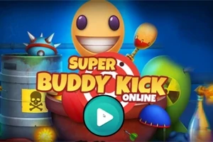 Uśmiechnięta postać z jajowatą głową i innymi kolorowymi elementami z napisem SUPER BUDDY KICK ONLINE na niebieskim tle