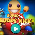 Uśmiechnięta postać z jajowatą głową i innymi kolorowymi elementami z napisem SUPER BUDDY KICK ONLINE na niebieskim tle