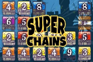 Kolorowe płytki z liczbami i napisem Super Chains na tle ciemnego krajobrazu