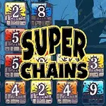 Kolorowe płytki z liczbami i napisem Super Chains na tle ciemnego krajobrazu
