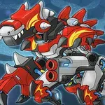 Mechaniczny dinozaur w czerwono-szarych barwach z uzbrojeniem i kolcami na grzbiecie, na abstrakcyjnym tle