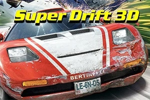 Super Drift 3D Czerwony samochód sportowy z białymi paskami drifujący na zakręcie z logo Super Drift 3D na górze