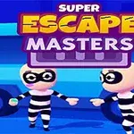 Dwóch postaci w strojach więziennych stoi przed niebieskim pojazdem na tle z napisem Super Escape Masters