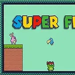 Kolorowy napis SUPER FROG oraz postacie zwierząt na dwóch platformach na zielonym tle