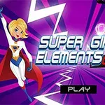 Dwie superbohaterki w kostiumach na tle fioletowego wzoru z napisem Super Girls Elements Quiz