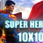 Superbohater w niebiesko-czerwonym kostiumie z peleryną na tle chmur, z napisem SUPER HEROES 10X10