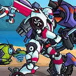 Robot w białym pancerzu z różowymi i niebieskimi akcentami walczy mieczem z fioletowym mechem obok plaży, podczas gdy obok znajduje się mały zielony robot