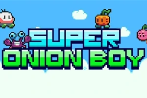 Kolorowy napis SUPER ONION BOY na niebieskim tle z pikselowymi postaciami owoców i chmurkami