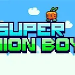 Kolorowy napis SUPER ONION BOY na niebieskim tle z pikselowymi postaciami owoców i chmurkami