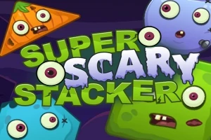 Kolorowe postacie o przerażających oczach i literki układające napis SUPER SCARY STACKER na ciemnym tle