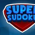 Niebieski napis Super Sudoku na tle czerwonego emblematu z ciemnoniebieskim tłem