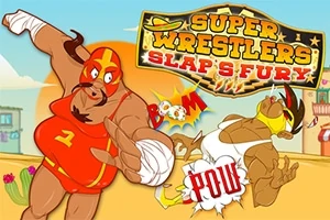 Zapaśnik w czerwonym stroju uderza przeciwnika w białym stroju na tle kolorowej grafiki z tekstem Super Wrestlers Slaps Fury