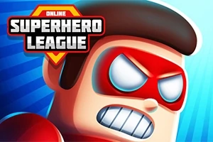 Rysunkowa postać superbohatera z czerwoną maską i zaciśniętymi zębami na niebieskim tle, z logo Online Superhero League w lewym górnym rogu