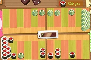 Plansza z kolorowymi polami, różnymi rodzajami sushi i licznikiem punktów