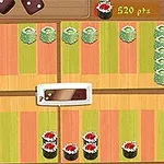 Plansza z kolorowymi polami, różnymi rodzajami sushi i licznikiem punktów