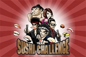 Czworo postaci z różnymi stylami fryzur trzymające sushi pałeczkami, z nałożonym tekstem Sushi Challenge na tle