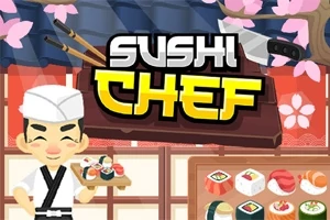 Szef kuchni sushi w stroju kucharskim trzyma talerz z sushi, obok znajduje się deska do krojenia i nóż, a w tle są kwiaty wiśni i różne rodzaje sushi