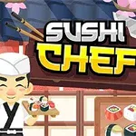 Szef kuchni sushi w stroju kucharskim trzyma talerz z sushi, obok znajduje się deska do krojenia i nóż, a w tle są kwiaty wiśni i różne rodzaje sushi