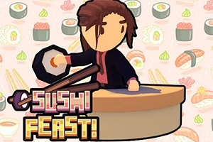 Rysunkowa postać kucharza trzymającego nóż przy blacie, na tle wzoru z sushi i napis Sushi Feast!
