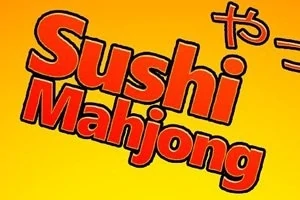 Czerwony napis Sushi Mahjong na żółtym tle z japońskimi znakami