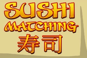 Napis Sushi Matching w stylizowanych żółto-pomarańczowych literach oraz czerwone znaki kanji na tle beżowego papieru