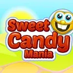 Czerwono-żółty napis Sweet Candy Mania z uśmiechniętą buźką na tle słonecznego krajobrazu