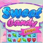 Kolorowa grafika z napisem Sweet Candy Saga oraz tłem z cukierkami i słodyczami