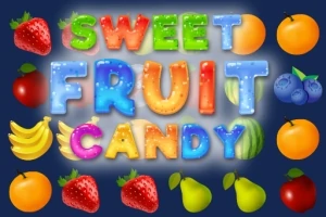 Kolorowy napis Sweet Fruit Candy otoczony różnorodnymi obrazkami owoców na granatowym tle