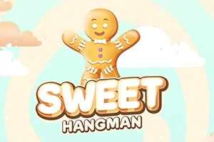 Ciastko w kształcie ludzika z uśmiechem, z napisem Sweet Hangman na tle nieba z chmurami