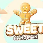 Ciastko w kształcie ludzika z uśmiechem, z napisem Sweet Hangman na tle nieba z chmurami