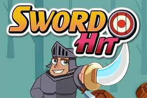 Rycerz w zbroi z uniesionym mieczem na tle lasu z napisem SWORD HIT