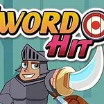 Rycerz w zbroi z uniesionym mieczem na tle lasu z napisem SWORD HIT