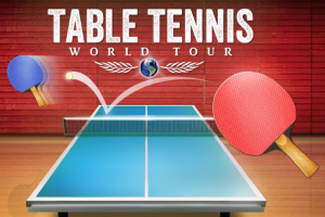 Zielony stół do tenisa stołowego z piłeczką w ruchu na tle czerwonej ściany, po bokach dwie paletki pingpongowe, jedna niebieska, druga czerwona, oraz napis Table Tennis World Tour