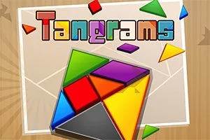 Kolorowe tangramy ułożone na tle z wyrazem Tangrams w tęczowych barwach