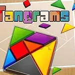 Kolorowe tangramy ułożone na tle z wyrazem Tangrams w tęczowych barwach