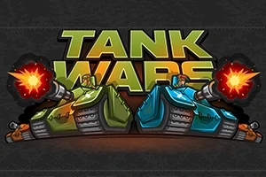 Dwa animowane czołgi, zielony i niebieski, z wystrzałami z dział, na tle napisu Tank Wars