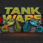 Dwa animowane czołgi, zielony i niebieski, z wystrzałami z dział, na tle napisu Tank Wars