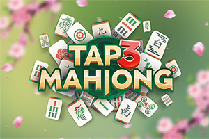 Płytki mahjonga na zielonym tle z napisem Tap 3 Mahjong otoczone różowymi kwiatami wiśni