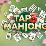 Płytki mahjonga na zielonym tle z napisem Tap 3 Mahjong otoczone różowymi kwiatami wiśni