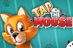 Pomarańczowy kot z szerokimi oczyma obok napisu Tap the Mouse na niebiesko-zielonym tle