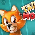 Pomarańczowy kot z szerokimi oczyma obok napisu Tap the Mouse na niebiesko-zielonym tle